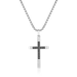 GAVU Edelstahl Herren Jesus Kreuz Kette Silber Halskette mit schwarzen Cubic Zirconia Kreuz Anhänger Silber 55cm von GAVU