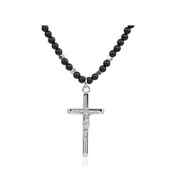 GAVU Geschenkidee Matter Onyx Perlen Halskette mit Jesus Kreuz Anhänger für Damen und Herren 50cm von GAVU