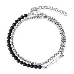 GAVU Herren Zweilagiges Armband Kristall Perlenarmband aus Mattem Onyx und Edelstahl mit Kreuz Charm von GAVU