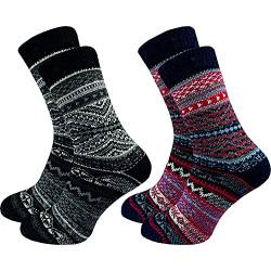 2 Paar hochwertige Damen Norweger Socken - Wollsocken – im „skandinavischen“ Look - wie selbstgestrickt - dick & warm - ohne Gummidruck - ohne drückende Zehennaht - hoher Wollanteil (35-38, farbig 1) von GAWILO