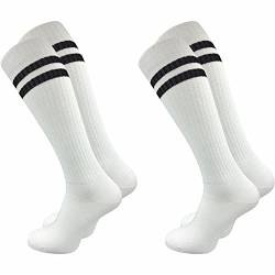 GAWILO Damen Retro Kniestrümpfe (2 Paar) | 78% Baumwolle | knielange Socken im sportlichen Look mit Komfortbund | ohne zu Verrutschen (35-38, weiß + Ringel) von GAWILO