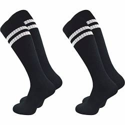 GAWILO Damen Retro Kniestrümpfe (2 Paar) | 78% Baumwolle | knielange Socken im sportlichen Look mit Komfortbund | ohne zu Verrutschen (39-42, schwarz + Ringel) von GAWILO