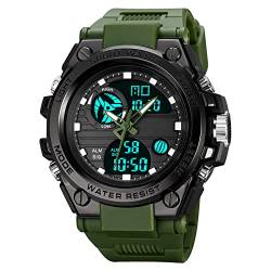GBB Herren-Sport-Digitaluhren, wasserdicht, Sportuhr mit Alarm/Timer, Militär-Multifunktions-LED-Dual-Display-Armbanduhr für Herren, military green, Gurt von GBB