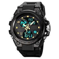 GBB Sport-Digitaluhr für Herren, wasserdicht, Sportuhr mit Alarm/Timer, Militär-Multifunktions-LED-Dual-Display, Armbanduhr für Herren, Black Gold von GBB