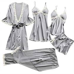 Damen Nachtwäsche 5 teiliges Pyjama Set mit Blumenmuster Spitzenbesatz Satin Nachthemd Leibchen Shorts Nachthemd 5-teiliges Set Mit Brustpolster Negligee Robe (Grey, XXXL) von GBEN