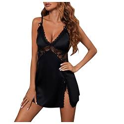 Damen Spitze Nachtkleid V-Ausschnitt Satin Schlafanzug Kurz Sexy Pyjama Schlafanzug Ärmellos Babydoll Dessous Kleid Negligee Cami Top Lingerie Reizwäsche Sleepwear von GBEN