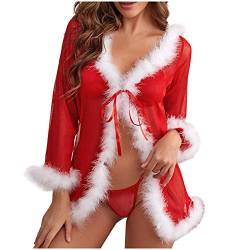 GBEN Damen Weihnachten Spitze Negligee Dessous Spitze Dessous Set Spitze Negligee V-Ausschnitt Unregelmäßiger Hem Nachtwäsche mit Panties Nachthemd Sleepwear Kleid (MA-Red, XXXXL) von GBEN