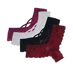 GBEN Tanga Damen Sexy Spitze Unterwäsche Set 4er-Pack Erotisch Dessous String Spitzenslips Soft Panties Reizvoller Niedrige Taille Höschen Unterhose Reizwäsche, Weiß, Schwarz, Weinrot, Rot, XL von GBEN