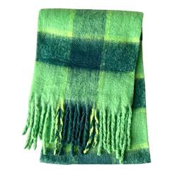 Winter Warm Gestrickte Schal Thermoschal Herbst Winter Schal Klassische Quaste Karierter Schal Warmer weicher klobiger großer Kuschelschal Schals 1 Herbstschal Wolleschal Frauen (Green, One Size) von GBEN