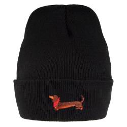 GEBETTER Winter Beanie Mütze Dackel Hund Strickmütze Einheitsgröße Dachshund Wintermütze mit Einstickung Bestickt Schwarz für Jungen Mädchen Herren und Damen von GEBETTER