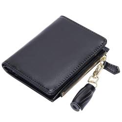 GEEADNB Klein Portemonnaie für Frauen, Mini Slim Geldbörse PU Leder Schöne Damengeldbörse Wallet mit ReißVerschlusstasche und 9 Kartenfächern für Damen und Herren(Tassel Schwarz) von GEEADNB