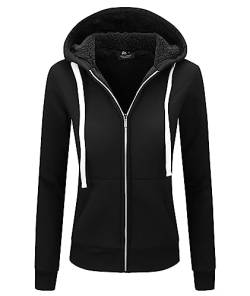 GEEK LIGHTING Damen Sweatshirt Jacke Damen Sweatjacke mit Teddyfutter Reißverschluss Warm Sweatshirt Gefüttert Zipper Winddicht Hoodie Damen Dicker Basic Kapuzenjacke 2XL Schwarz von GEEK LIGHTING