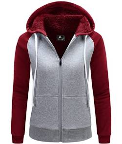 GEEK LIGHTING Kapuzenjacke Damen Dicker Gefüttert Fleecejacke Frauen Warm Sweatjacke mit Kapuze Einfarbig Sweatshirt Damen Warm Hoodie Oberteil 2XL Rot Grau von GEEK LIGHTING