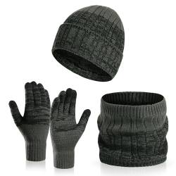 GEEKEO Mütze, Schal & Handschuhe Set für Damen Herren, 3 Stücke Winter Beanie Mütze Stricken und Schlauchschal Touchscreen Handschuhe mit Fleece Gefüttert Schal Halswärmer Loop Schal Set von GEEKEO