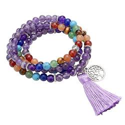 GEHECRST Schmuck 108 Perlen Edelstein Mala Kette Mala Armband 7 Chakra Edelstein Buddha Buddhistische Tibetische Gebetskette Healing Reiki Yoga Kette Halskette mit lebensbaum Anhänger (Amethyst) von GEHECRST