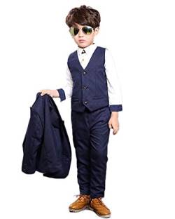 GELing 4 Teilig Kinder Anzug Junge Bekleidungsset Gentleman Hochzeit Anzüge Jacke + Weste + Hose + Fliege,Blau-4 TLG,100 von GELing