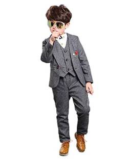 GELing 4 Teilig Kinder Anzug Junge Bekleidungsset Gentleman Hochzeit Anzüge Jacke + Weste + Hose + Fliege,Grau-4 TLG,140 von GELing