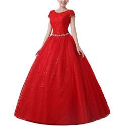 GELing Damen Hochzeitskleid Brautkleid Runde Ausschnitt Kurzarm Lange Spitzen Abendkleider Rot EU 34 von GELing