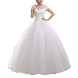 GELing Damen Hochzeitskleid Brautkleid Runde Ausschnitt Kurzarm Lange Spitzen Abendkleider Weiß EU 34 von GELing