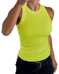 GEMBERA Ärmelloses Damen-Tanktop mit Racerback, hoher Ausschnitt, lässig, Basic-Baumwolle, gerippt, tailliertes Tanktop, Neon-Grün, Klein von GEMBERA