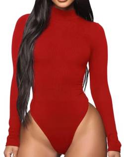 GEMBERA Damen Langarm Rollkragen Rippstrick Stretch Bodysuit Leotard, Rot/Ausflug, einfarbig (Getaway Solids), XL von GEMBERA