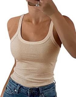 GEMBERA Damen Spaghettiträger, U-Ausschnitt, geripptes Tank-Top, schmal geschnitten, Baumwolle, Camisole Basic, ärmellos, Layering Shirts, Beige Hellbraun, Groß von GEMBERA