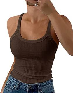 GEMBERA Damen Spaghettiträger, U-Ausschnitt, geripptes Tank-Top, schmal geschnitten, Baumwolle, Camisole Basic, ärmellos, Layering Shirts, Braun, Mittel von GEMBERA