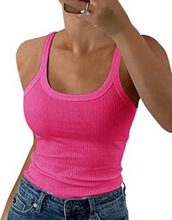 GEMBERA Damen Spaghettiträger, U-Ausschnitt, geripptes Tank-Top, schmal geschnitten, Baumwolle, Camisole Basic, ärmellos, Layering Shirts, hot pink, Groß von GEMBERA