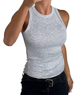 GEMBERA Damen ärmelloses Racerback High Neck Casual Basic Baumwolle Geripptes Tanktop, grau, X-Groß von GEMBERA