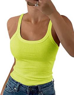 GEMBERA Frauen Spaghettiträger U-Ausschnitt Gerippte Tank Tops Slim Fitted Baumwolle Camisole Basic Sleeveless Layering Shirts, neon green, Mittel von GEMBERA