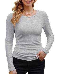 GEMBERA Gerippte Langarmshirts für Damen, Rundhalsausschnitt, leger, schmale Passform, Strickoberteile, Heathergrey, Klein von GEMBERA