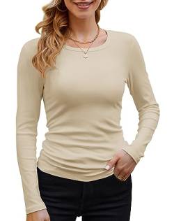 GEMBERA Geripptes Langarm-Shirt für Damen, Rundhalsausschnitt, lässig, schmal, enganliegend, gestrickt, Beige Hellbraun, Klein von GEMBERA