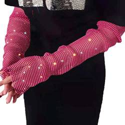 GEMILY Funkelnde Handschuhe Strass Fischnetz Handschuhe Mode Fingerlose Handschuhe Rave Party Arm Ärmel Kostüme für Frauen und Mädchen, Rose Rot Weiß, Einheitsgröße von GEMILY