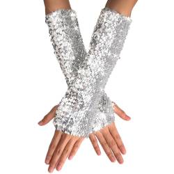 GEMILY Mode Pailletten Handschuhe Fingerlose Cosplay Handschuhe Lange Elastische Sparkly Party Handschuhe Zubehör für Frauen und Mädchen, D-silber, Einheitsgröße von GEMILY