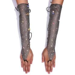 GEMILY Strass-Fischnetz-Handschuhe, glitzernde, elastische fingerlose Handschuhe, lange Rave-Party, Netz-Kostüme, Handschuhe für Damen und Mädchen, Farbe: Schwarz, Einheitsgröße von GEMILY