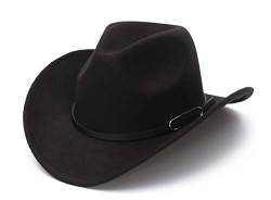 GEMVIE Herren Damen Cowboyhut Wollfilz Westernhut mit Lederband Breite Krempe Fedora Hut Sonnenhut M Schwarz von GEMVIE