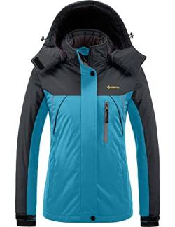 GEMYSE Damen Wasserdichte Berg-Skijacke Winddichte Fleece Outdoor-Winterjacke mit Kapuze (Hellblau Grau,XL) von GEMYSE