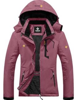 GEMYSE Damen Wasserdichte Berg-Skijacke Winddichte Fleece Outdoor-Winterjacke mit Kapuze (Hellpink,L) von GEMYSE