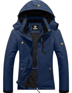 GEMYSE Damen Wasserdichte Berg-Skijacke Winddichte Fleece Outdoor-Winterjacke mit Kapuze (Navy,XL) von GEMYSE