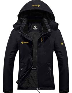 GEMYSE Damen Wasserdichte Berg-Skijacke Winddichte Fleece Outdoor-Winterjacke mit Kapuze (Schwarz,L) von GEMYSE