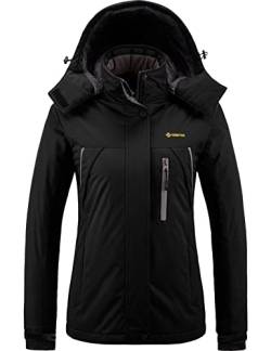 GEMYSE Damen Wasserdichte Berg-Skijacke Winddichte Fleece Outdoor-Winterjacke mit Kapuze (Schwarz,L) von GEMYSE