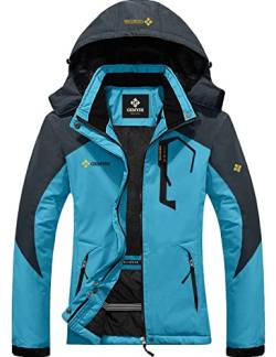 GEMYSE Damen wasserdichte Berg-Skijacke Winddichte Fleece Outdoor-Winterjacke mit Kapuze (Hellblau Grau,2XL) von GEMYSE