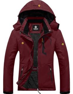 GEMYSE Damen wasserdichte Berg-Skijacke Winddichte Fleece Outdoor-Winterjacke mit Kapuze (Weinrot,L) von GEMYSE