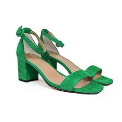 SARAY - Grüne Veloursleder Kleidersandalen mit geschlossenem Absatz und schmalem Riemen - Knöchelriemen Schnallenverschluss - 5 cm breiter Absatz - Lederfutter Grün 41 EU von GENNIA