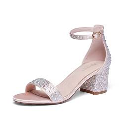 GENSHUO Damen Champagner Strass Chunky Sandalen Glitzer Knöchelriemen Sandaletten mit Niedrigem Block Absatz 6CM Riemchensandalen Offen Zehen Klobig High Heel Sandale für Party Hochzeit Abend 38.5EU von GENSHUO