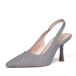 GENSHUO Damen Grau Glitzer High Heel Slingpumps Spitz Stiletto Pumps Slingback High Heels 8CM/3,15 Zoll Slip-on Stöckelschuhe für Party Hochzeit Abschlussfeier Absatzschuhe mit Pfennigabsatz 41EU von GENSHUO