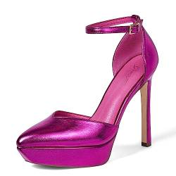 GENSHUO Damen Plateau High Heel Pumps 13 CM/5,12 Zoll Stiletto Heels Riemchenpump Sexy Spitze High Heels mit Knöchelriemen Geschlossene Stöckelschuhe für Party Prom, Fuchsia 39EU von GENSHUO