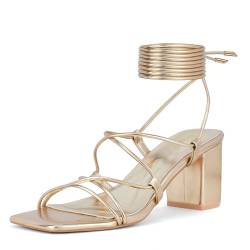 GENSHUO Damen Riemchen-Sandalen mit kräftigen Absätzen, quadratischer offener Zehenpartie, Schnürung mit 6 cm hohem Absatz, Knöchelriemen und Blockabsätzen, Gold, EU 37 von GENSHUO