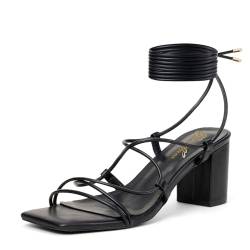 GENSHUO Damen Riemchen-Sandalen mit kräftigen Absätzen, quadratischer offener Zehenpartie, Schnürung mit 6 cm hohem Absatz, Knöchelriemen und Blockabsätzen, Schwarz, EU 41 von GENSHUO