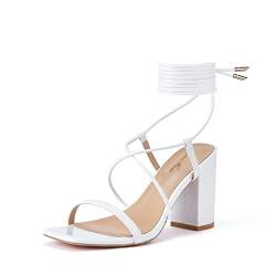 GENSHUO Damen Sandalen mit offener Quadrat-Zehenpartie, Schnürung kräftigen Blockabsätzen, Riemen, sommerliche Brautschuhe für Hochzeit, Weiß B, EU 42 von GENSHUO